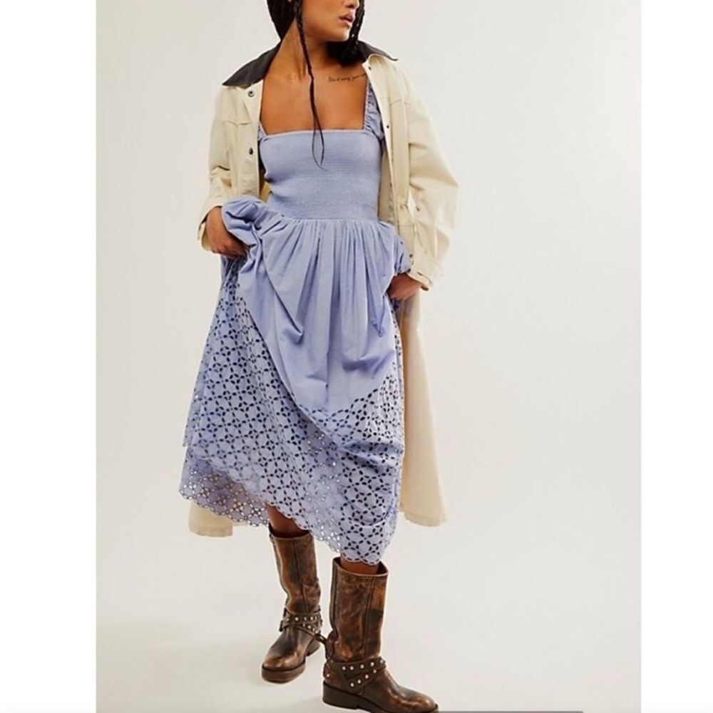 Free People Perfect Storm Smocked Eyelet MIDI Dress in Blue Heron